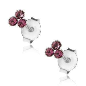 Srebrne 925 kolczyki, trzy okrągłe kryształki Swarovski fioletowego koloru