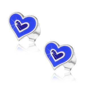 Srebrne kolczyki 925 - podwójne serce w niebieskim lub różowym kolorze - Kolor: Niebieski