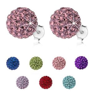 Srebrne kolczyki 925, błyszczące kuleczki z kryształkami Preciosa, 10 mm - Kolor: Fioletowy