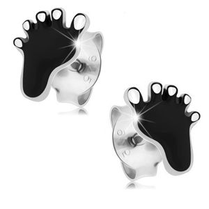 Srebrne kolczyki 925, czarny odcisk stopy z białymi palcami