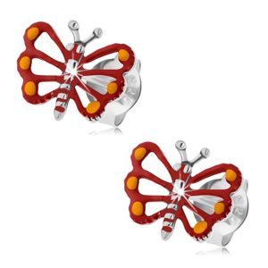Srebrne kolczyki 925, czerwony motylek z wyciętymi skrzydłami, patyna