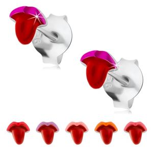 Srebrne kolczyki 925, emaliowane usta z wystawionym językiem, sztyfty - Kolor: Różowy