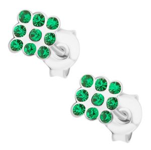 Srebrne kolczyki 925, kwadrat wyłożony zielonymi kryształkami Swarovski