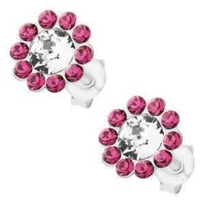 Srebrne kolczyki 925, lśniący kwiat z przezroczystych i różowych kryształków Preciosa