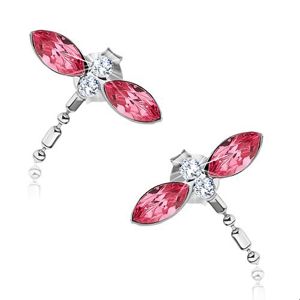 Srebrne kolczyki 925, ważki, różowe skrzydła z kryształków Swarovski, wiszący ogon