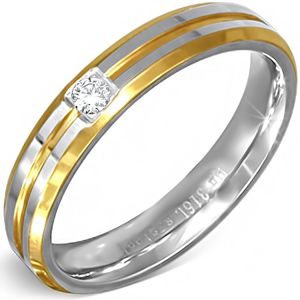 Srebrno-złoty pierścień ze stali z małym przeźroczystym kamyczkiem - Rozmiar : 55