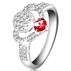 Srebrny  pierścionek, bezbarwny cyrkoniowy zarys serca, kółko i błyszcząca różowa cyrkonia - Rozmiar : 57