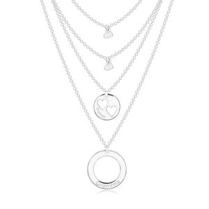 Srebrny 925 naszyjnik - cztery łańcuszki z zawieszkami, kółeczka i serduszka, napisy