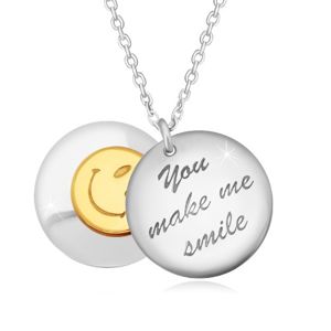 Srebrny 925 naszyjnik - dwa wypukłe koła, napis "You make me smile", buźka