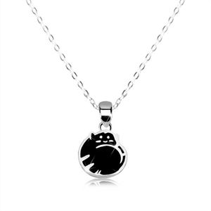 Srebrny 925 naszyjnik - kot zwinięty w kłębek, czarny akryl, błyszczący łańcuszek