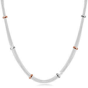 Srebrny 925 naszyjnik - łańcuszki punktowo połączone srebrnymi i różowozłotymi koralikami