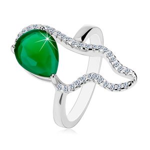 Srebrny 925 pierścionek - duża zielona łza z cyrkonii, bezbarwny asymetryczny kontur - Rozmiar : 52