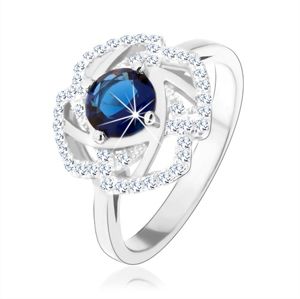 Srebrny 925 pierścionek, błyszczący zarys kwiatu, niebieska okrągła cyrkonia - Rozmiar : 51