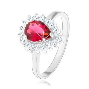 Srebrny 925 pierścionek, rubinowo czerwona cyrkoniowa łza, przezroczysta błyszcząca obwódka - Rozmiar : 59