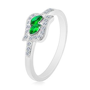 Srebrny 925 pierścionek, zielone cyrkoniowe ziarnka w bezbarwnej oprawie, rodowany - Rozmiar : 56
