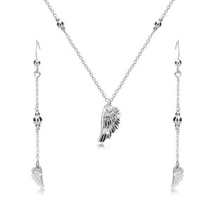 Srebrny komplet 925 - kolczyki i naszyjnik, anielskie skrzydło i błyszczące kuleczki