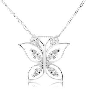 Srebrny naszyjnik 925, błyszczący motyl, przezroczyste cyrkonie w konturach skrzydeł