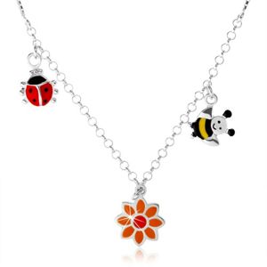 Srebrny naszyjnik 925 dla dzieci, kolorowa biedronka, kwiatek, pszczółka