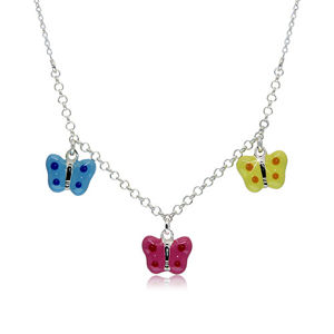 Srebrny naszyjnik 925 dla dzieci - motyle w kropki z niebieską, różową i żółtą emalią