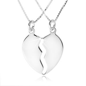 Srebrny naszyjnik 925, dwa łańcuszki, podwójny wisiorek w postaci przepołowionego serca