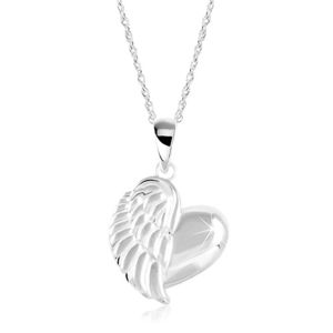 Srebrny naszyjnik 925, lśniące serce ze skrzydłem anioła, spiralny łańcuszek