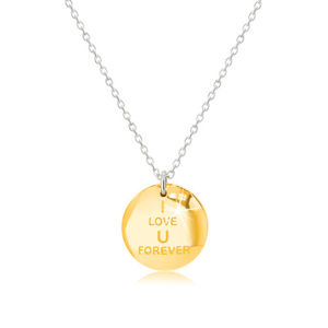 Srebrny naszyjnik 925 - medalion w złotym odcieniu, napis „I LOVE U FOREVER”, cyrkoniowa leżąca ósemka