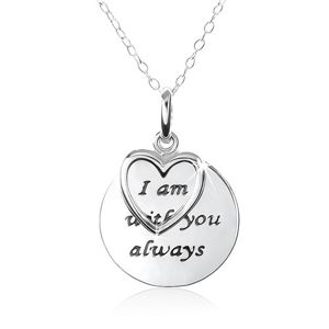 Srebrny naszyjnik 925, serce, płytka z napisem "I am with you always"