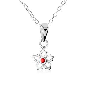 Srebrny naszyjnik 925, zarys kwiatu z czerwoną kuleczka pośrodku