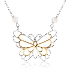 Srebrny naszyjnik 925, zarys motylka, osadzone perłowe kuleczki