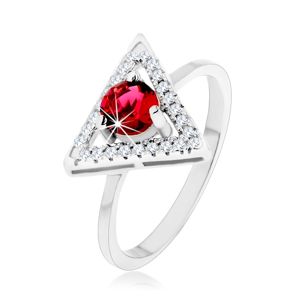 Srebrny pierścionek 925 - cyrkoniowy zarys trójkąta, okrągła czerwona cyrkonia - Rozmiar : 52