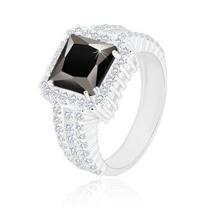Srebrny pierścionek 925 - czarny cyrkoniowy kwadrat, przezroczysty cyrkoniowy brzeg i ramiona - Rozmiar : 60