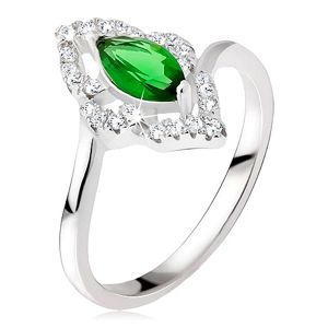 Srebrny pierścionek 925 - kamyczek w kształcie elipsy w zielonym kolorze, cyrkoniowe kontury - Rozmiar : 65