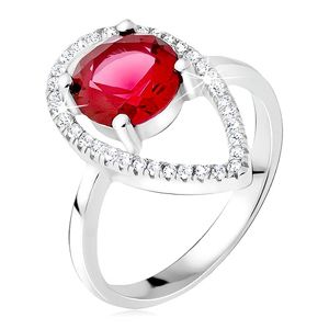 Srebrny pierścionek 925 - okrągły czerwony kamień, kontury łezki z cyrkonii - Rozmiar : 55