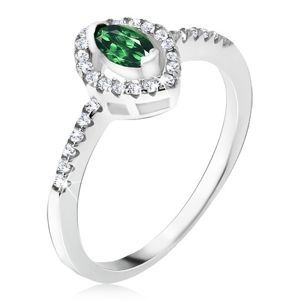 Srebrny pierścionek 925 - zielony kamyczek w kształcie elipsy, cyrkoniowe kontury - Rozmiar : 65