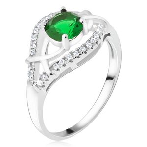 Srebrny pierścionek 925 - zielony okrągły kamyczek, cyrkoniowe ramiona - Rozmiar : 53