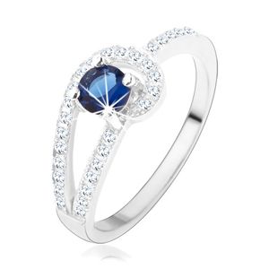 Srebrny pierścionek 925, błyszczące pasy bezbarwnego koloru, okrągła niebieska cyrkonia - Rozmiar : 59