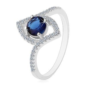 Srebrny pierścionek 925, ciemnoniebieska okrągła cyrkonia, zarys szpicatego ziarnka  - Rozmiar : 57