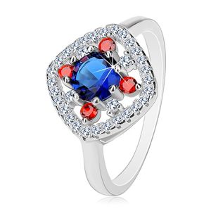 Srebrny pierścionek 925, ciemnoniebieski środek, bezbarwne i czerwone cyrkonie - Rozmiar : 58