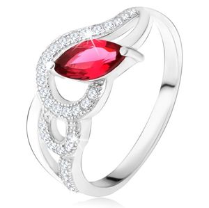 Srebrny pierścionek 925, cyrkoniowe i gładkie fale, czerwony kamień ziarenko - Rozmiar : 59