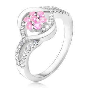 Srebrny pierścionek 925, cyrkoniowy kwiat w jasnoróżowym kolorze, faliste ramiona - Rozmiar : 50