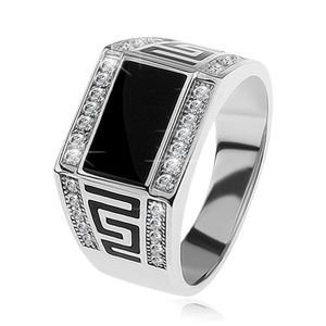 Srebrny pierścionek 925, czarny prostokąt, przezroczyste lśniące kamyczki, klucz grecki - Rozmiar : 69