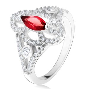 Srebrny pierścionek 925, czerwony kamień ziarno, wycinane cyrkoniowe ramiona - Rozmiar : 49