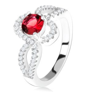 Srebrny pierścionek 925, czerwony okrągły kamień, skręcone cyrkoniowe ramiona - Rozmiar : 59