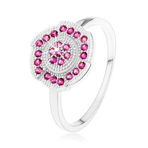 Srebrny pierścionek 925, grawerowany kwiatek ozdobiony różowymi cyrkoniami - Rozmiar : 50