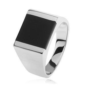 Srebrny pierścionek 925, lustrzane lśniące ramiona, kwadrat z czarną emalią - Rozmiar : 69