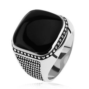 Srebrny pierścionek 925, małe romby, kuleczki, czarny wypukły kwadrat - Rozmiar : 54