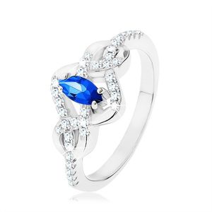 Srebrny pierścionek 925, niebieski cyrkoniowy owal, przeplecione linie zdobione cyrkoniami - Rozmiar : 59