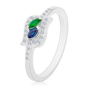 Srebrny pierścionek 925, niebieskie i zielone ziarenko w bezbarwnym konturze, rodowany - Rozmiar : 54