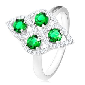 Srebrny pierścionek 925, obły romb, cztery okrągłe zielone cyrkonie, przejrzysta obwódka - Rozmiar : 57