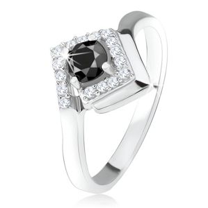 Srebrny pierścionek 925, okrągły czarny kamyczek w cyrkoniowym rombie - Rozmiar : 60